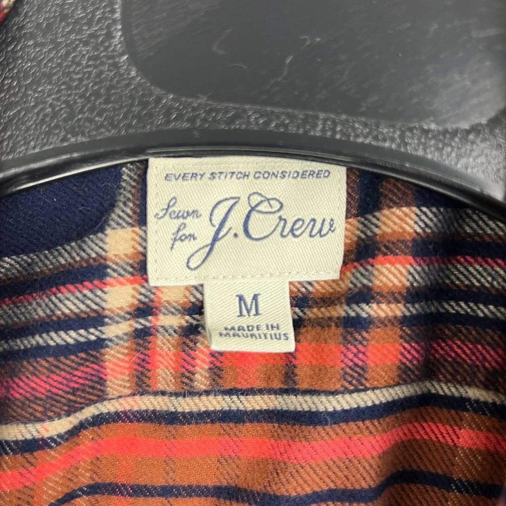 J. Crew Button Up Shirt Men Slim Fit Flannel Medium Orange Blue Plaid Cotton